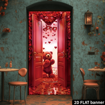 2d Flat Red Lover Bear Room Door Rose Banner (35.4 Inches 70.8 Inches 90 Cm 180 Cm), Polyester Door Casing, Room Decoration, Party Hanging Banner, Festival Decoration, Party Supplies, Interior Decoration.