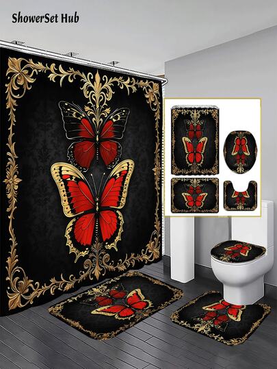 1/3/4件套黑金红蝴蝶与复古花卉图案奢华浴帘浴室套装，防水耐磨配件，带12个挂钩 - 包括马桶座套、浴垫和地毯 - 塑料面料 - 可水洗，防霉 - 非常适合节日装饰、家居/卧室/住宅/西式/春季装饰。