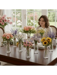 Vasos de plástico listrados, vasos transparentes e peças artesanais para arranjos florais são adequados para diversos buquês e decorações, festivais e decoração de casa. São ideais para decoração de mesas, casamentos, jantares em família, decoração de vasos e presentes de Dia dos Namorados.