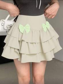 Women's Fashion Skirt, Solid Color, Double Layer With Ruffle, Casual Elegant, Layered, Butterfly Knot, Ruffled Hem, Beach, Vacation - 杏色 - 查看 2