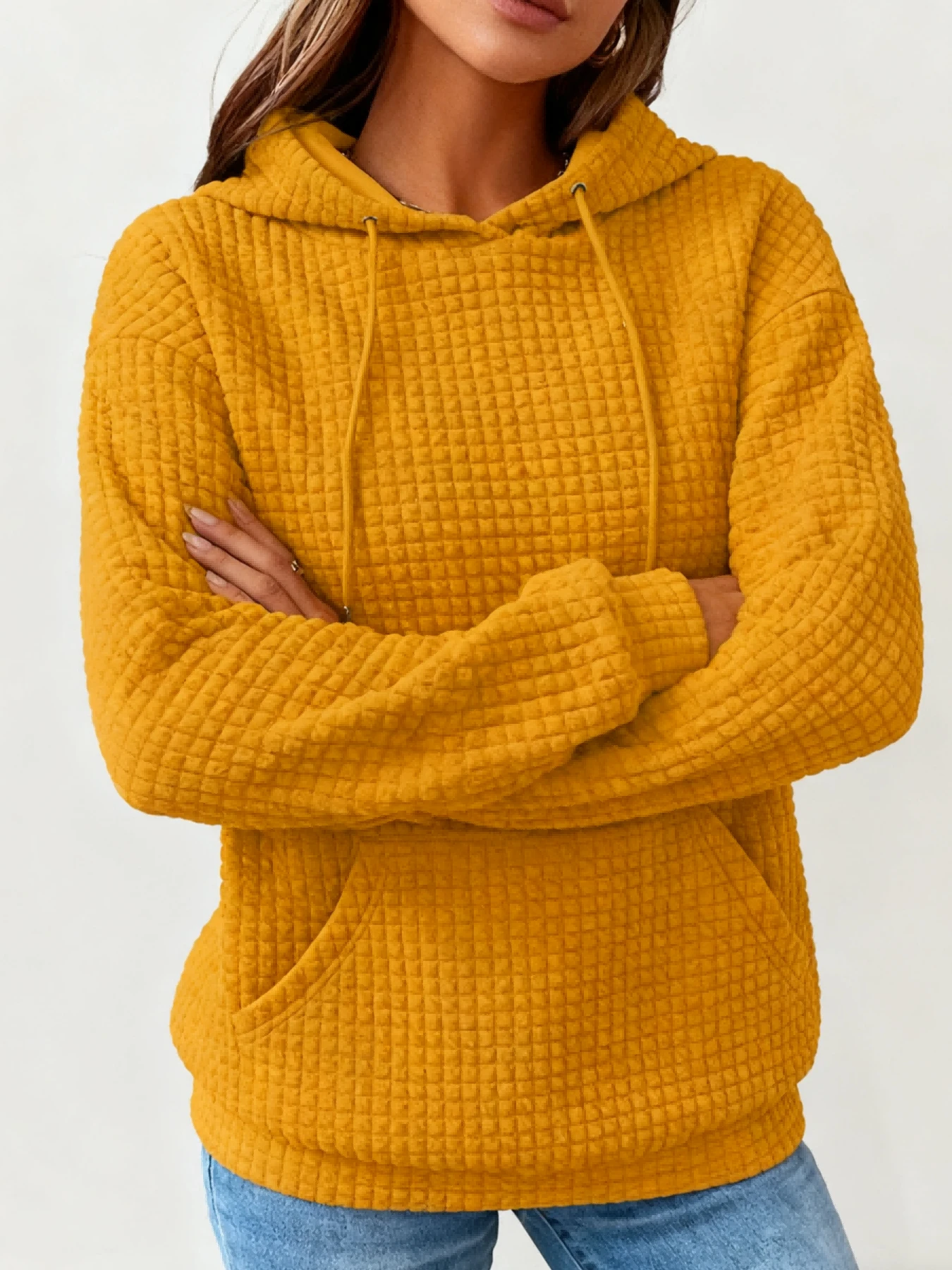 Women's Oversized Waffle Hooded Sweatshirt, Soft Stretchy, Drawstring Hood Kangaroo Pocket, For Fall/Winter Layering & Casual Wear, Women's Clothing Tops Workout Tops Ski Outfit Women Women's Winter Clothing Of Women's Winter Clothing Women's Winter Fashion Women's Winter Promotion Of Women's Winter Clothing Christmas Halloween Christmas Gift - Màu vàng - Xem 1