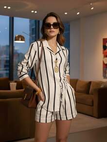 Premium Striped Viscose Linen Set, Serena Line – Sizes M, L, XL In Various Colors - Black - View 3