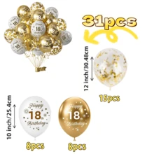 31件組生日慶祝氣球套裝，白色與金色年齡印花氣球，鋁箔氣球，適用於18歲、30歲、40歲、50歲、60歲、70歲生日慶祝派對，生日派對拍照道具，週年紀念裝飾 - 31pcs白金 - 查看 2