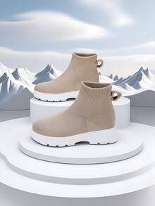 1 Pair High-Top Round Neck Sports Shoes For Teenagers, Students Outdoor Camping Sports Ankle-Tied Breathable Durable Running Shoes, Casual Sneakers - Khaki - View 1