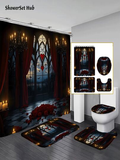 1/3/4件套哥特式浪漫浴帘浴室套装，窗户和红玫瑰设计，独特的防水耐磨配件，带12个挂钩 - 包括马桶座套、浴垫和地毯 - 塑料面料 - 可水洗，防霉 - 非常适合节日装饰、家居/卧室/住宅/西式/春季装饰。