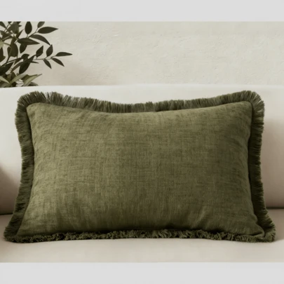 1pc Olive Green Chenille Tassel Decorative Throw Pillow Cover (Pillow Insert Not Included), Soft & Comfortable Bohemian Farmhouse Sofa Cushion Cover With Tassels, Home Decor For Sofa, Bed, Living Room, All Season