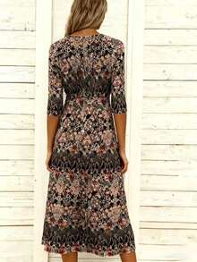 Women's Vintage Floral Print V-Neck Short Sleeve Casual Dress, Spring/Summer - Brown - View 3