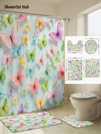 1/3/4件套彩色蝴蝶浴帘浴室套装，乡村自然风格，防水耐磨配件，带12个挂钩 - 包括马桶座套、浴垫和地毯 - 塑料面料 - 可水洗，防霉 - 非常适合节日装饰、家居/卧室/住宅/西式/春季装饰