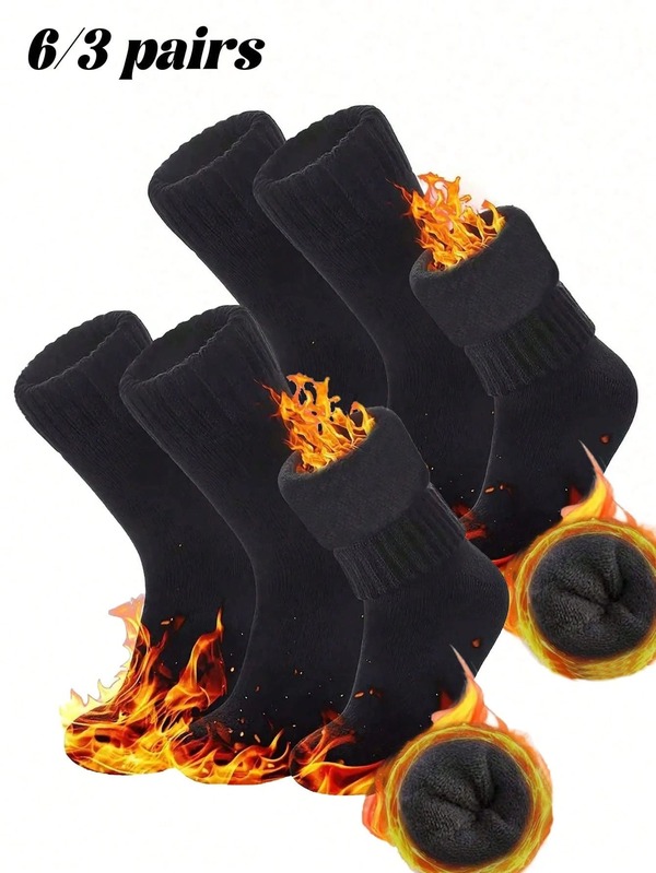 1/6 Pairs Men's Black Wool Blend Mid-Calf Socks, Warm, Comfortable, Soft - Suitable For Autumn/Winter Daily Wear, Sports And Travel