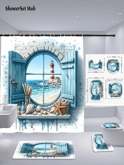 1/3/4件套海岸灯塔浴帘浴室套装，沙滩灯塔设计，防水耐磨，带12个挂钩 - 包括马桶盖、浴垫和地毯 - 塑料面料 - 可水洗，防霉 - 非常适合节日装饰、家居/卧室/住宅/西式/春季装饰。