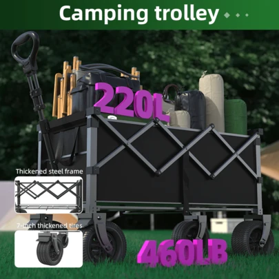 Recreational Garden Picnic Cart,Which Can Be Used As An Outdoor Heavy-Duty Trolley, Serves As A Really Convenient Shopping Cart. It Is Also A Practical And Multifunctional Foldable Camping Vehicle.Adjustable Handle And Foldable Outdoor Beach Stroller.Suitable For Outdoor Picnics, Park Gatherings, Beach Outings, And Applicable To Multiple Terrains Camping Car