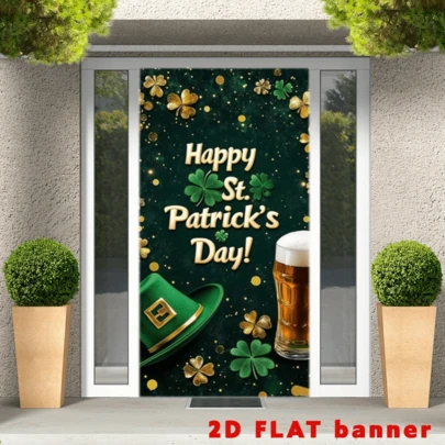 2D Flat BannerHappy Saint Patrick's Day Flag - Green Strawberry Welcome Design, Featuring Gold Coins And Beer Mugs, Suitable For Reusable Fabric Decorations For Indoor And Outdoor Parties