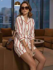 Premium Striped Viscose Linen Set, Serena Line – Sizes M, L, XL In Various Colors - Red - View 2