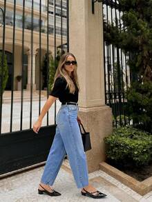 女士休闲弹力锥形七分牛仔裤，带口袋和拉链，优雅百搭，适合日常穿着 - 淺藍色 - 查看 5