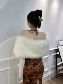 1件女士加厚仿狐狸毛披肩，奢华纯黑白配色，保暖舒适，适合圣诞派对、家庭聚会、个性化服装 - A - 查看 4