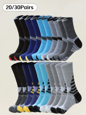 20/30双装男士加厚冬季中筒袜，时尚休闲，吸湿排汗，除臭，适合户外运动、跑步、健身，压缩膝袜，商务休闲度假黑色筒袜，秋冬款式
