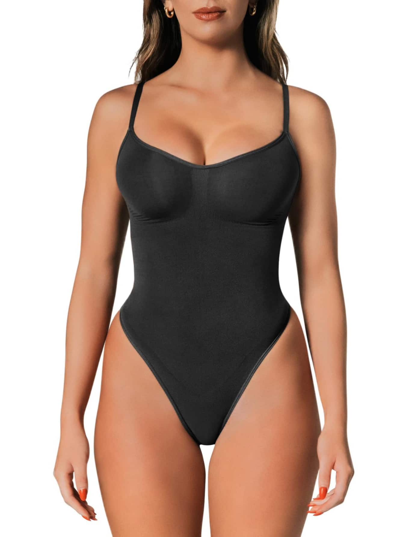 Bodys moldeadores sin costuras para mujer: control de abdomen, realce de glúteos y realce de caderas. Mezcla de poliéster suave, diseño elegante, tirantes ajustables, colores lisos beige y negro. Ropa interior cómoda | Ropa sin costuras | Diseño ajustado - Negro - Ver 1
