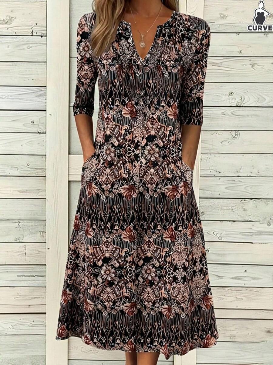 Women's Vintage Floral Print V-Neck Short Sleeve Casual Dress, Spring/Summer - Brown - View 1