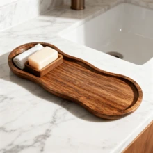 1个椭圆形木质托盘 - 浴室梳妆台托盘 - 纤薄优雅，完美适用于浴室、台面、水槽、马桶水箱、客厅装饰、蜡烛和家居摆设，浴室配件，木质托盘 - 棕色 - 查看 6