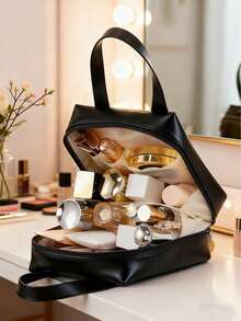 2/1pc Multi-Layer Shell Shaped Cosmetic Bag, Makeup Organizer Pouch, Letter Pattern Makeup Bag, Portable Leather Waterproof Cosmetic Case, Makeup Organizer Bag, Travel Makeup Bag, Cosmetic Storage Bag, Travel Essentials, Travel Toiletry Accessories, Bridesmaid Gift, Gift For Her