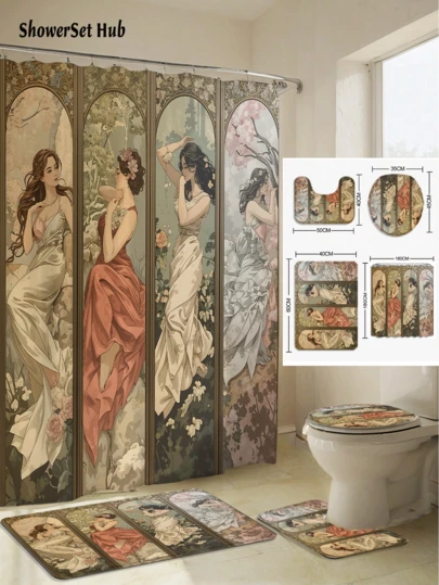 1/3/4pcs Art Nouveau Lady Shower Curtain Bathroom Sets,Luxurious Retro Waterproof And Wear-Resistant Accessories,With 12 Hooks - Includes Toilet Seat Cover, Bath Mats, And Rugs - Plastic Fabric - Washable,Mildew-Resistant - Perfect For Holiday Decor,Home/Bedroom/House/Western/Spring Decor,