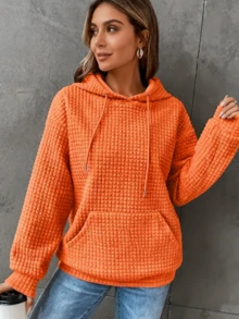 Women's Oversized Waffle Hooded Sweatshirt, Soft Stretchy, Drawstring Hood Kangaroo Pocket, For Fall/Winter Layering & Casual Wear, Women's Clothing Tops  Workout Tops  Ski Outfit Women  Women's Winter Clothing Of Women's Winter Clothing Women's Winter Fashion Women's Winter Promotion Of Women's Winter Clothing  Christmas  Halloween Christmas Gift - Quả cam - Xem 3