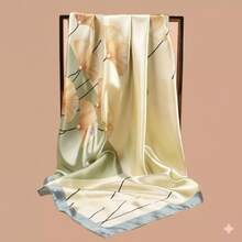 Luxury Women's Satin Scarf With Print (90x90cm) Silk Print, Ginkgo Biloba Leaf, Chinese Flower - 橄欖綠 - 查看 1