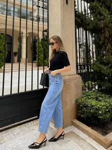 女士休闲弹力锥形七分牛仔裤，带口袋和拉链，优雅百搭，适合日常穿着 - 淺藍色 - 查看 4