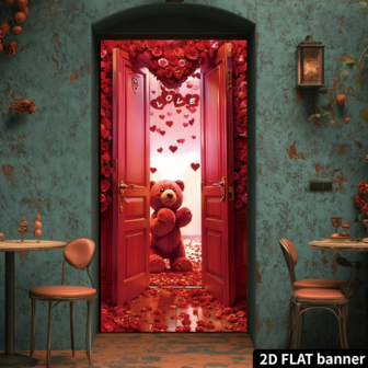 2d Flat Red Lover Bear Room Door Rose Banner (35.4 Inches 70.8 Inches 90 Cm 180 Cm), Polyester Door Casing, Room Decoration, Party Hanging Banner, Festival Decoration, Party Supplies, Interior Decoration.