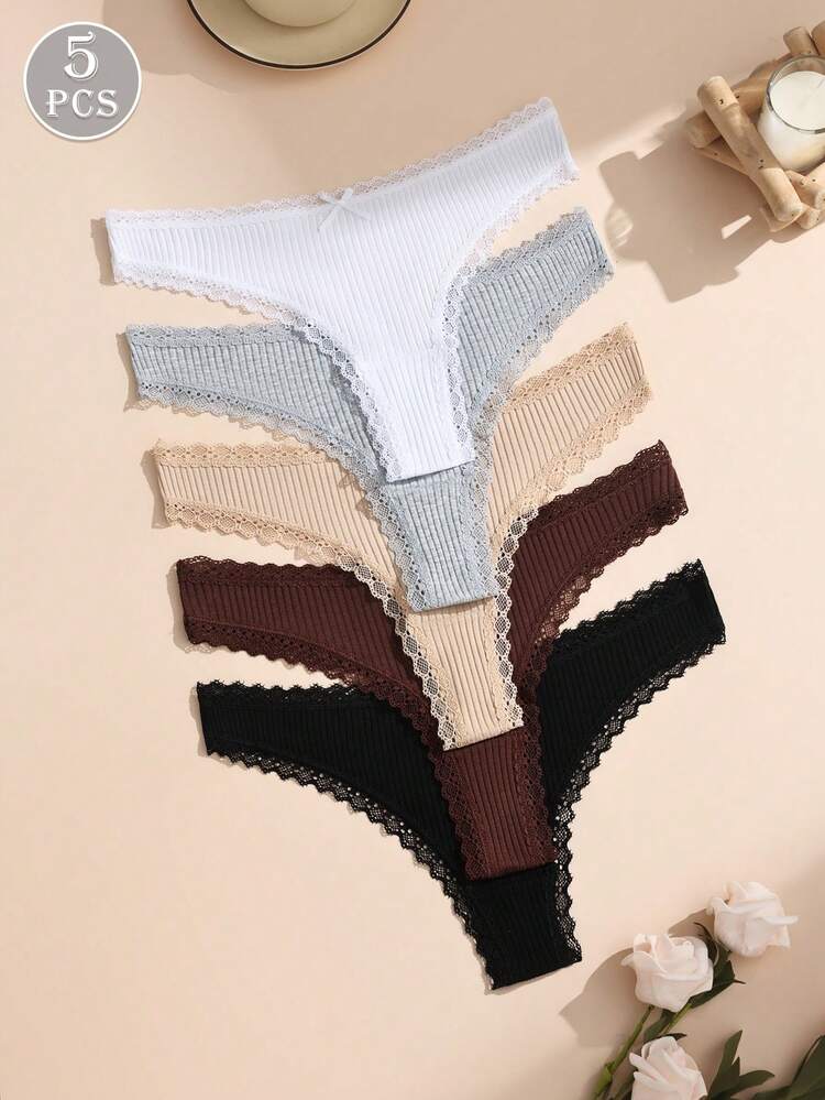 Paquete de 5 tangas de mujer con encaje romántico y parches, decoración con lazos, ropa interior de mujer suave y transpirable de algodón elástico - Multicolor - Añade 2