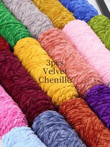 3pcs/Set Luxury Velvet Yarn Set - Soft Polyester Chenille Yarn, Suitable For DIY Knitting And Crocheting, Available In White, Beige, Blue, Brown, Purple, Green, Black, Gray - Multicolor - View 3