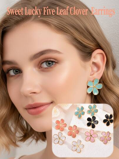 New Stainless Steel Non-Fading 5-Leaf Flower Stud Earrings, Fresh & Sweet 7-Color Flower Earrings, Lucky 5-Leaf Clover Earrings Suitable For Women & Girls, Delicate Flower Pendant Earrings With Soft & Elegant Design, Fashionable 7-Color Decorative Earrings - Wedding Party Jewelry, Exquisite & Cute Accessories For Carnival, Christmas, Valentine's Day, Mother's Day, Suitable For Daily Wear And Gatherings