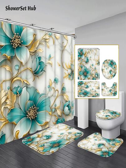 1/3/4件套蓝绿色花卉金色浴帘浴室套装，3D花卉和大理石纹设计，优雅防水耐磨配件，带12个挂钩 - 包括马桶盖、浴垫和地毯 - 塑料面料 - 可水洗，防霉 - 非常适合节日装饰、家居/卧室/住宅/西式/春季装饰。