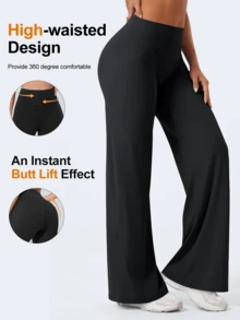 1pc Women's Straight Leg Wide Leg Pants, High Waisted Slimming Yoga Leggings, Suitable For Spring, Summer, Autumn - Black - View 4