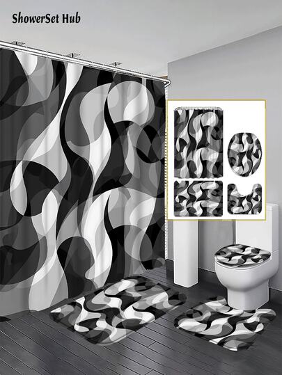 1/3/4pcs Black, White, And Gray Gradient Abstract Wavy Color Blocks Shower Curtain Bathroom Sets,Modern Abstract Art Style Waterproof And Wear-Resistant Accessories,With 12 Hooks - Includes Toilet Seat Cover, Bath Mats, And Rugs - Plastic Fabric - Washable,Mildew-Resistant - Perfect For Holiday Decor,Home/Bedroom/House/Western/Spring Decor,