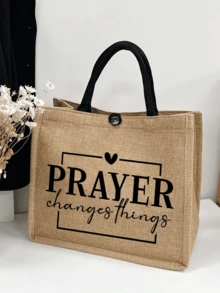 女士时尚“祈祷”字母印花手提包套装，含手拿包和拉链小袋，多功能女士包，派对/节日礼物，时尚手提包和化妆包套装，印花“祈祷”字母手提包 - 彩色 - 查看 2