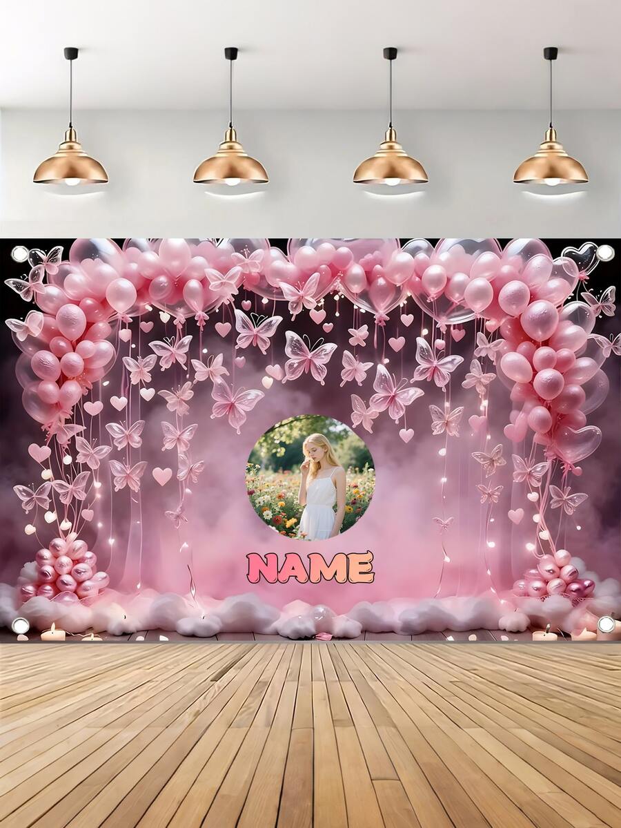 Customizable Name Photo Polyester Happy Birthday Banner, Pink Party Background Vinyl Backdrop For Kids Birthday Party Decoration, Back To School