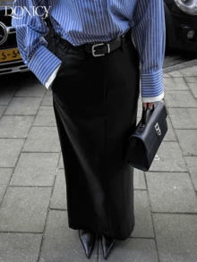 DONICY 优雅黑色阔腿裤，适合春夏穿着，完美适用于办公室或正式场合，高腰设计，经典修身版型，是节日派对或商务会议的理想之选。情人节、狂欢节也同样适用。 - 黑色 - 查看 4