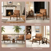 Butterslay 1PC Mid-Century Modern Brown Faux Leather Armchair - Solid Wood Legs Accent Chair With 5.5" Thick Foam & Spring Cushion, Waterproof Easy To Clean Cozy Chair For Living Room Bedroom Office - 棕色 - 查看 6