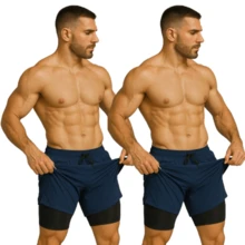 Kit Of 2 Men's 2-In-1 UV Sports Shorts, DryFit, For Gym, Training, Running, Cycling - KIT 2 Blue - View 1