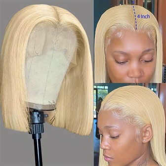 613 Blonde Short Bob Wig Human Hair 13x4 Lace Front Wigs For Women Human 180% Density Brazilian Virgin T-Part Lace Front Human Hair Straight Bob Wig Pre Plucked With Baby Hair Christmas Wigs