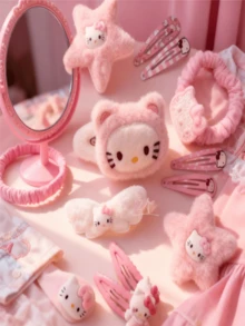 Sanrio 15件套三丽鸥Hello Kitty粉色发夹套装，可爱毛绒猫嘴发夹，日式侧边发饰，情人节礼物，KT猫头饰 - 彩色 - 查看 10