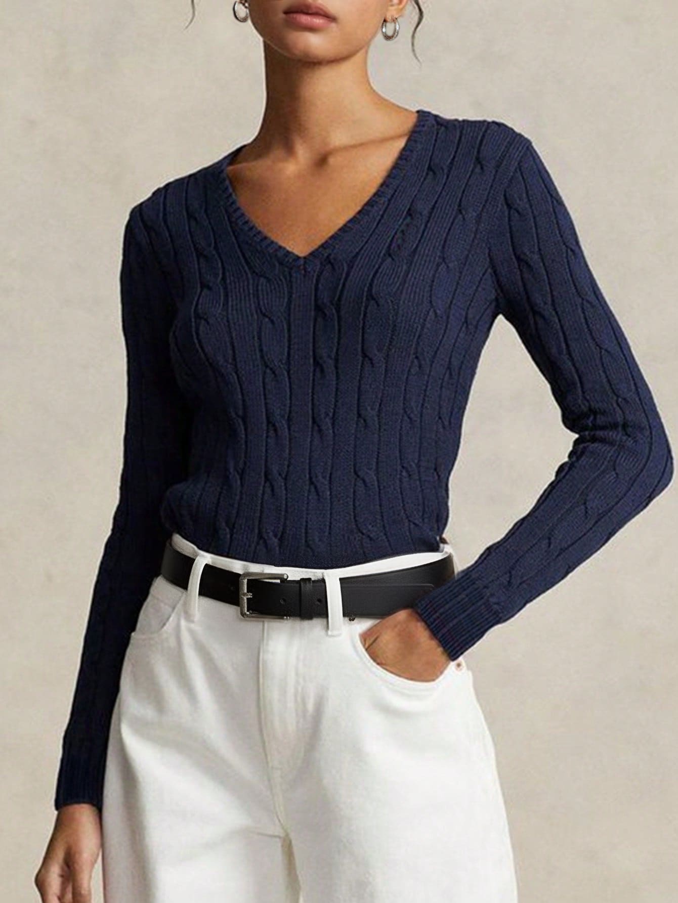 Apperloth A Women's Spring Casual Thin And Soft V Neck Long Sleeve Slim Fit Fitted Cropped Cable Knit Sweater Basic Pullover Top - Blue - View 1