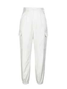 1 buc. Pantaloni utilitari din material tricotat, culoare solidă, alb, cu nasturi și buzunar, pentru purtare zilnică, potriviți pentru toate anotimpurile, de Ziua Îndrăgostiților - alb - Vizualizare 11