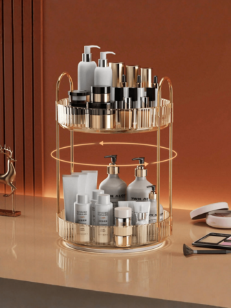 360° Rotating Makeup & Storage Station, 2-Tier, Large Capacity Cosmetic, Skincare, Perfume Organizer, Vanity Table, Bathroom Slouchy Susan Organizer, Rotating Makeup Brush Holder, Makeup Display & Storage Box For Eyeshadow, Lipstick And Brushes, Suitable For Room, Home, Bedroom, Bathroom, Office Desk, Full Accessories, Fun Gift