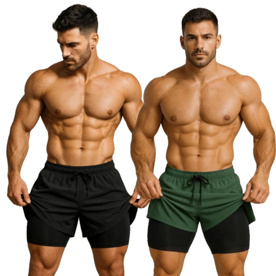 Kit Of 2 Men's 2-In-1 UV Sports Shorts, DryFit, For Gym, Training, Running, Cycling - 套件 2 黑綠 - 查看 1
