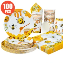 25件套向日葵蜂蜜图案一次性餐盘、餐巾纸和纸杯套装，适合25位客人使用，一次性纸盘，适用于生日、婚礼、派对、家庭野餐等场合。 - 彩色 - 查看 1