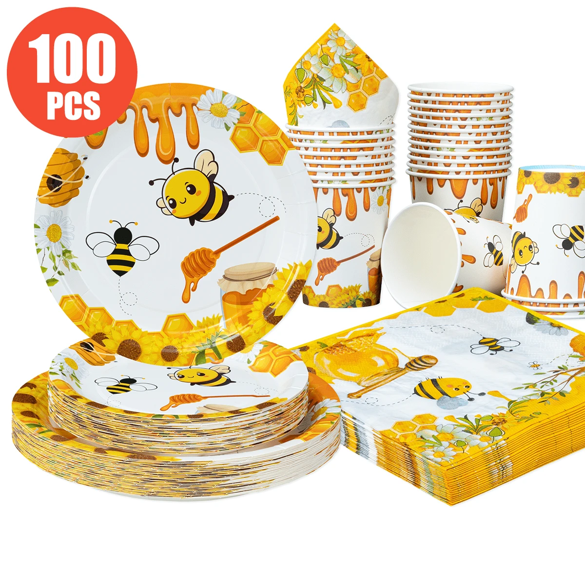 25件套向日葵蜂蜜图案一次性餐盘、餐巾纸和纸杯套装，适合25位客人使用，一次性纸盘，适用于生日、婚礼、派对、家庭野餐等场合。 - 彩色 - 查看 1