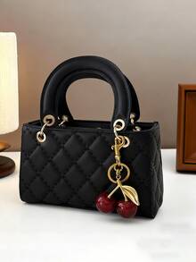 1件PU皮革手提包，横款女士托特包，酒红色晚宴包，黑色百搭夏季新款女士漆皮绗缝托特包，结构化小包，时尚单肩斜挎包，几何图案钱包 - 黑色 - 查看 6