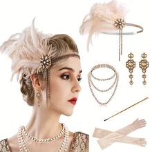 20 世纪 20 年代复古羽毛发饰套装，晚会服装道具，包括头带、项链、耳环、手套、棍棒